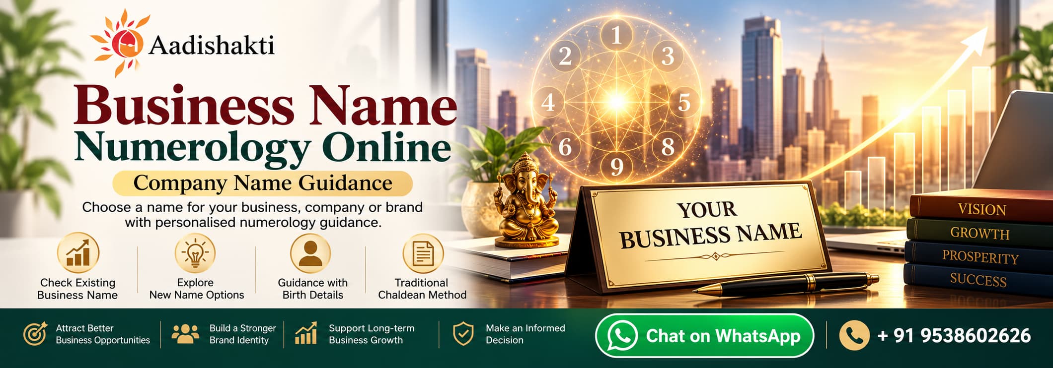 Business Name Numerology Online – Aadishakti’s Chaldean numerology guidance for company and brand names, with WhatsApp contact +91 9538602626
