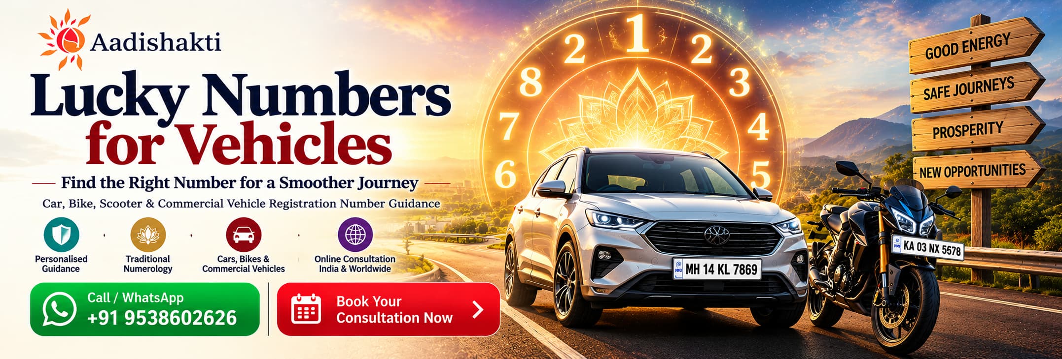 Lucky Numbers for Vehicles banner by Aadishakti featuring a car, motorcycle, glowing numerology wheel, and online vehicle number guidance. Call or WhatsApp +91 95386 02626.