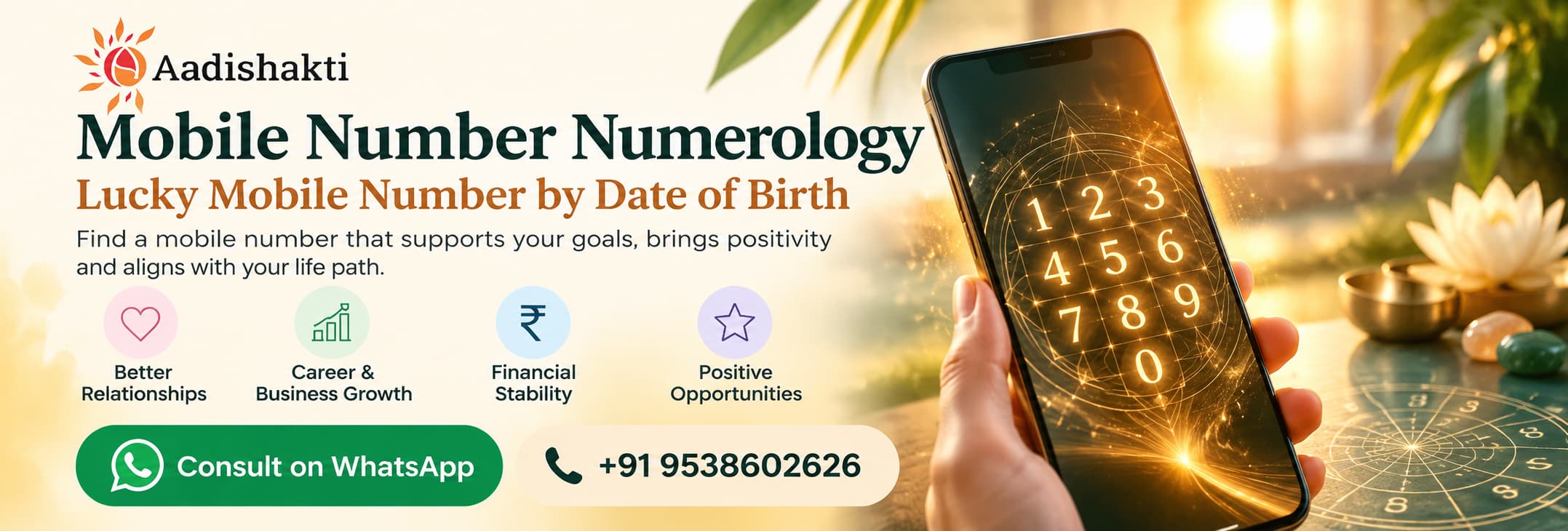 Aadishakti Mobile Number Numerology banner offering lucky mobile number guidance by date of birth, with WhatsApp consultation at +91 9538602626.