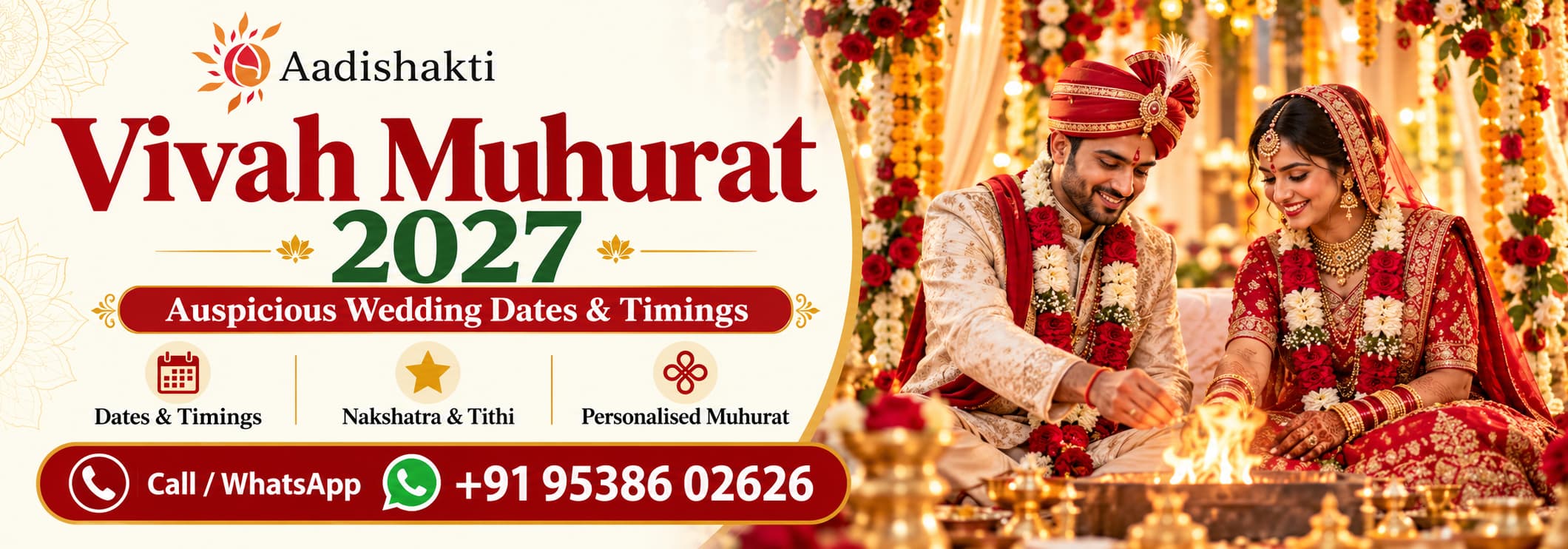 Aadishakti Vivah Muhurat 2027 banner featuring an Indian bride and groom, auspicious wedding dates, and WhatsApp contact.