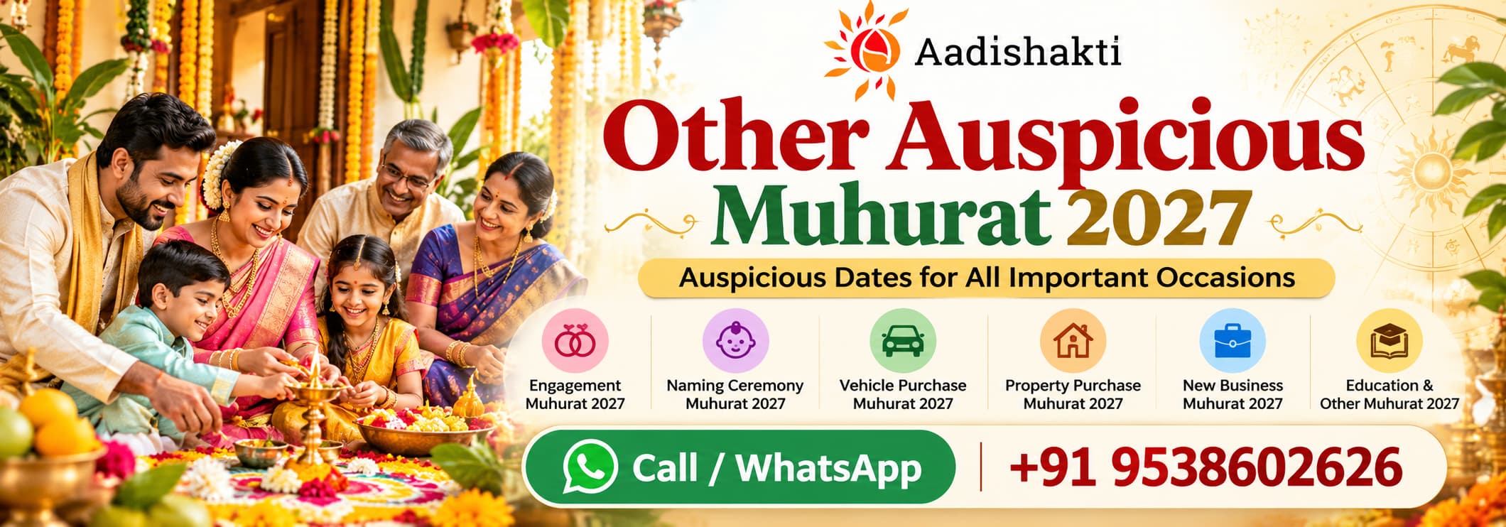 Other Auspicious Muhurat 2027 for engagement, naming ceremony, vehicle and property purchase, new business and education, with Aadishakti logo and WhatsApp number +91 9538602626.