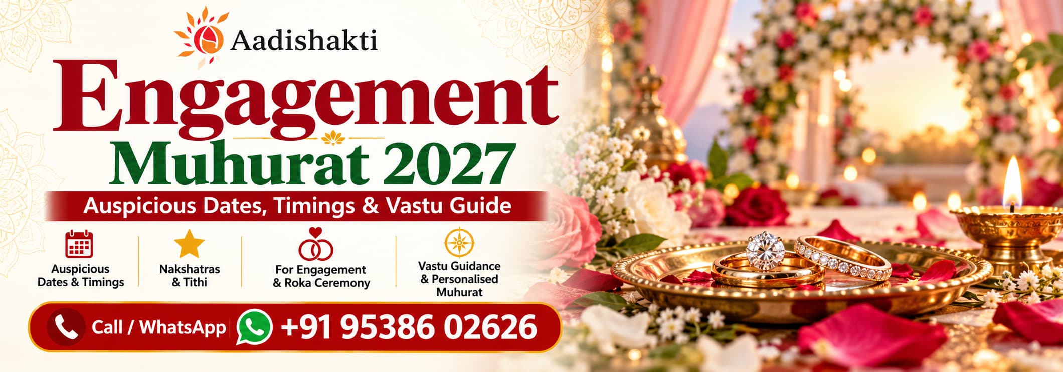 Aadishakti Engagement Muhurat 2027 banner with auspicious dates, ring ceremony, Nakshatra guidance, Aadishakti logo, and WhatsApp number +91 95386 02626.