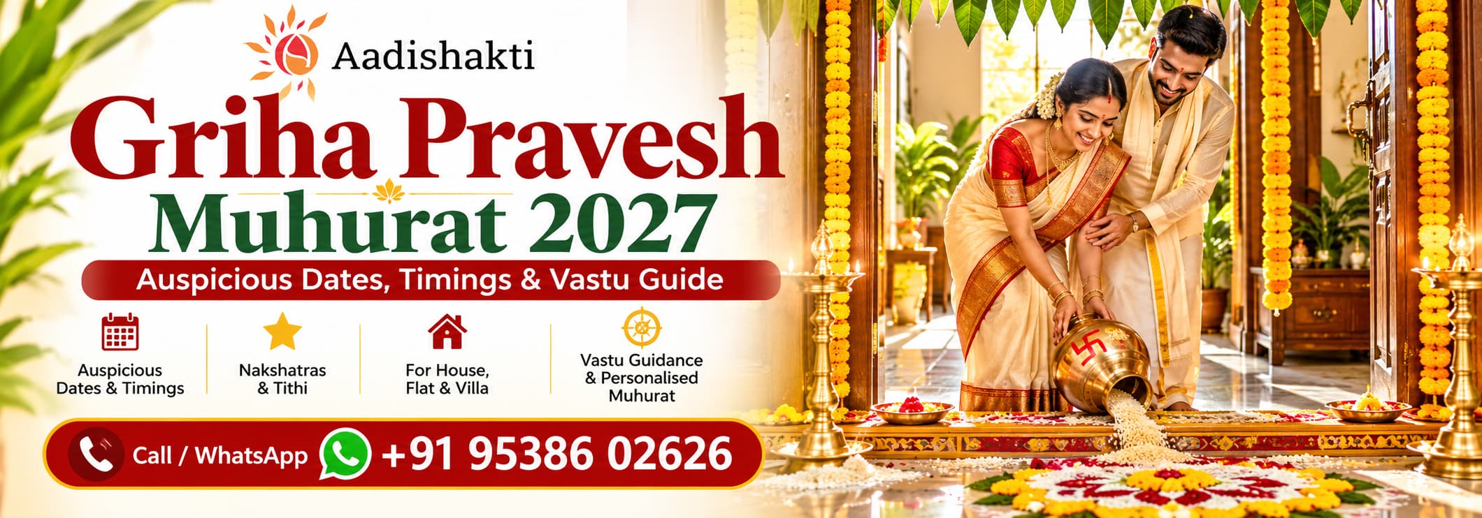 Aadishakti Griha Pravesh Muhurat 2027 banner featuring a couple performing a traditional housewarming puja.