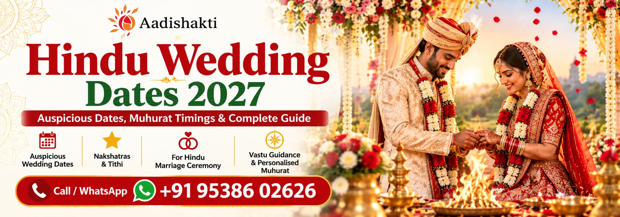 Aadishakti Hindu Wedding Dates 2027 banner featuring a bride and groom, auspicious wedding dates, Muhurat timings, and WhatsApp contact.