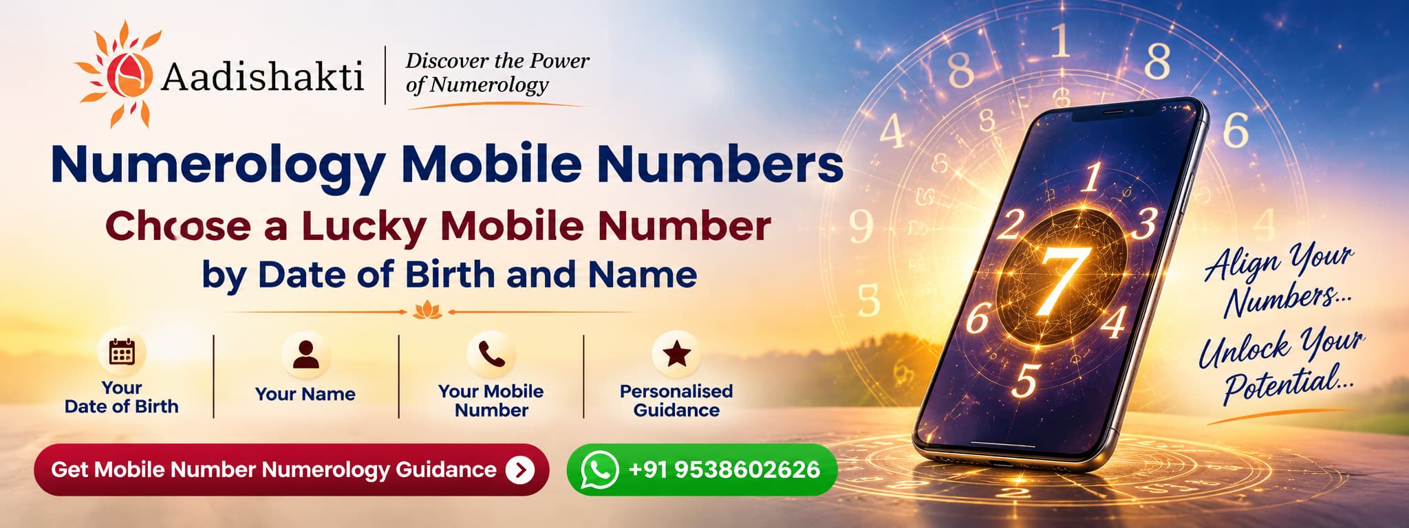Numerology mobile numbers guide by Aadishakti, showing a lucky mobile number based on date of birth and name, with personalised guidance and WhatsApp contact.
