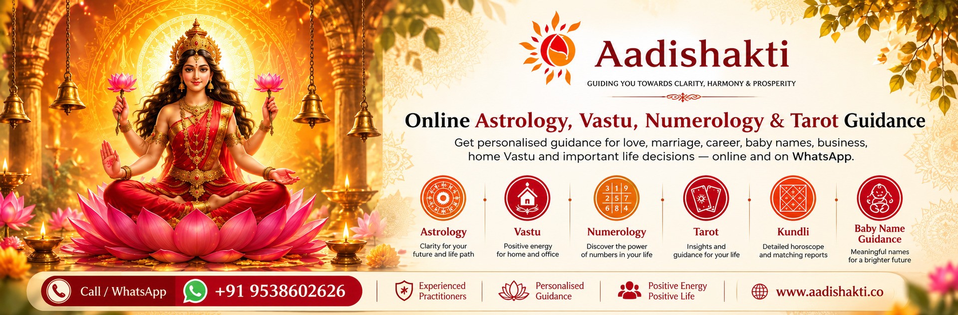 Aadishakti banner featuring Goddess Lakshmi with Astrology, Vastu, Numerology, Tarot, Kundli and Baby Name Guidance