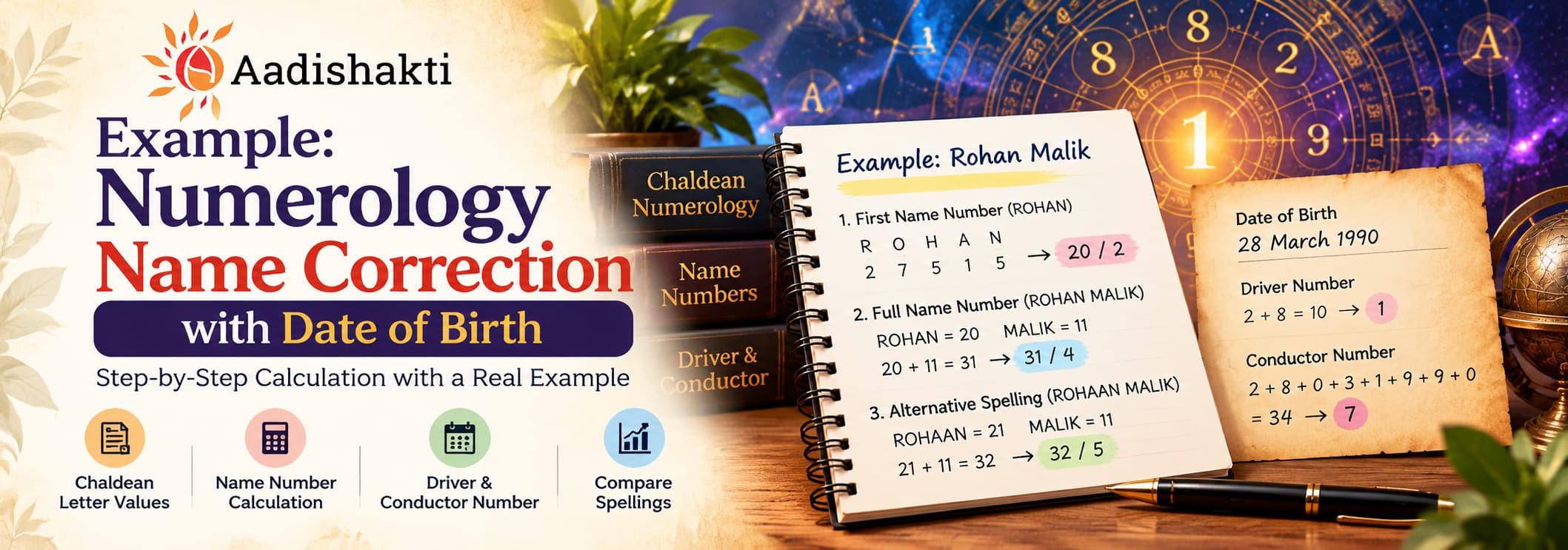 Aadishakti numerology name correction example showing Chaldean name number calculations for Rohan Malik, alternative spelling comparison, and Driver and Conductor Numbers based on date of birth.