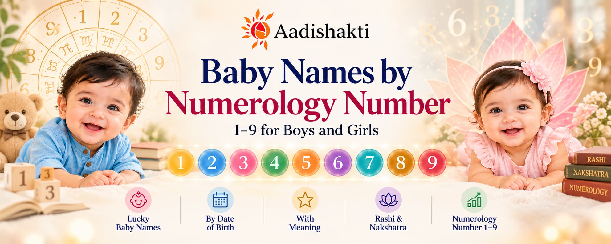 Baby Names by Numerology Number 1–9 for boys and girls, featuring Aadishakti logo, smiling baby boy and girl, colourful numerology numbers, and astrology-inspired decorative elements.