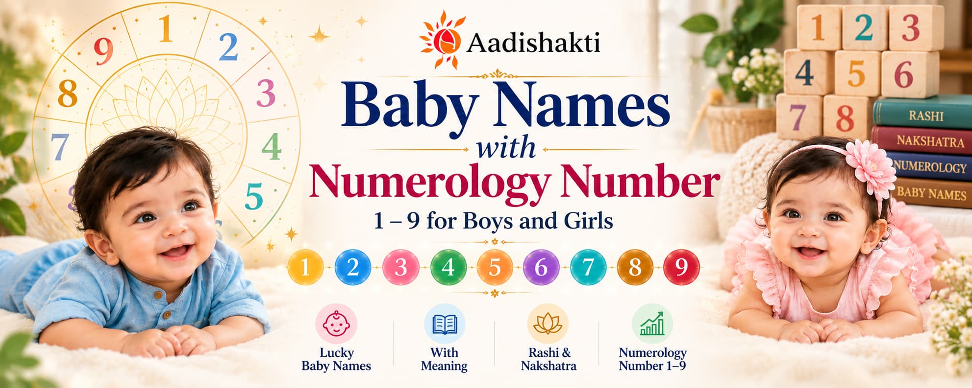 Baby names with numerology number 1–9 for boys and girls, featuring Aadishakti branding, a numerology wheel, colourful numbered blocks, baby portraits, and traditional Rashi and Nakshatra elements.