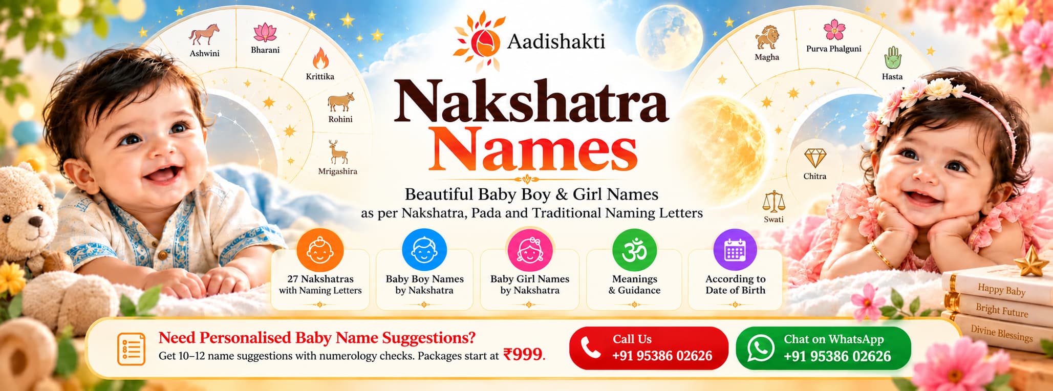 Aadishakti Nakshatra Names – Baby Boy and Girl Names by Nakshatra, Pada and Traditional Naming Letters, with Personalised Baby Name Suggestions.