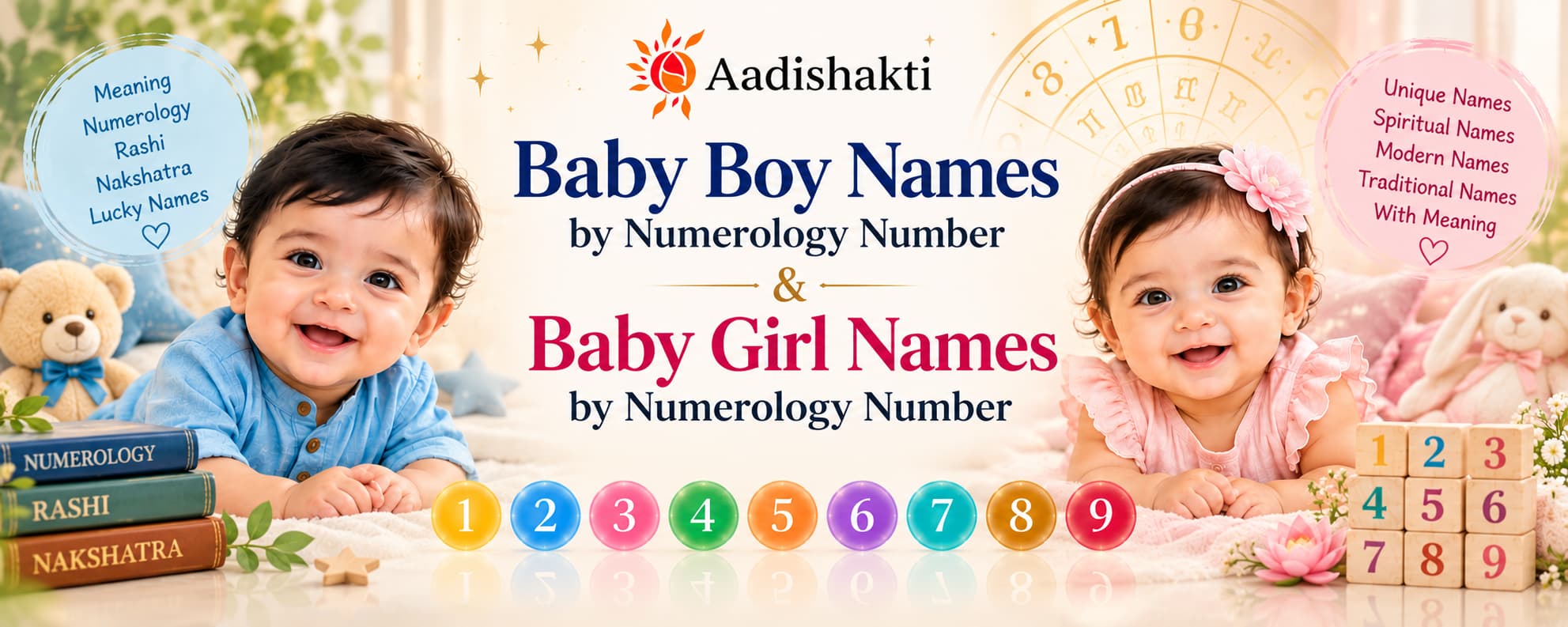 Baby boy names and baby girl names by numerology number, featuring Aadishakti logo, smiling babies, colourful numerology numbers 1–9, and traditional Rashi, Nakshatra and name-meaning themes.