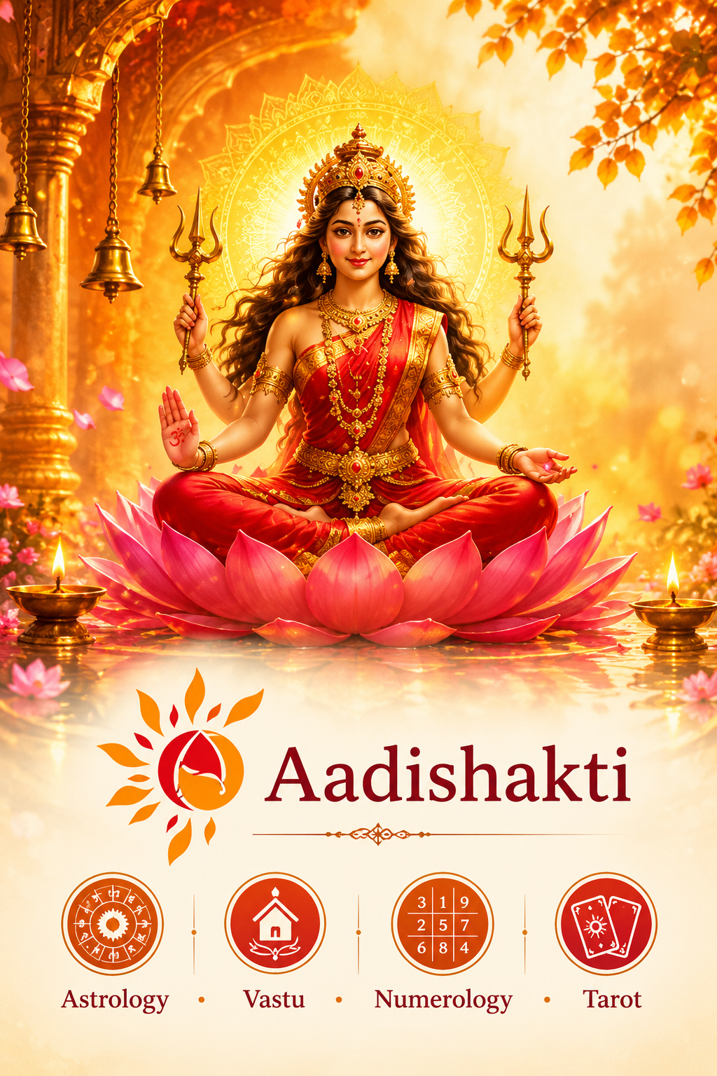 Aadishakti spiritual guidance banner with Goddess and Astrology, Tarot, Numerology and Vastu symbols